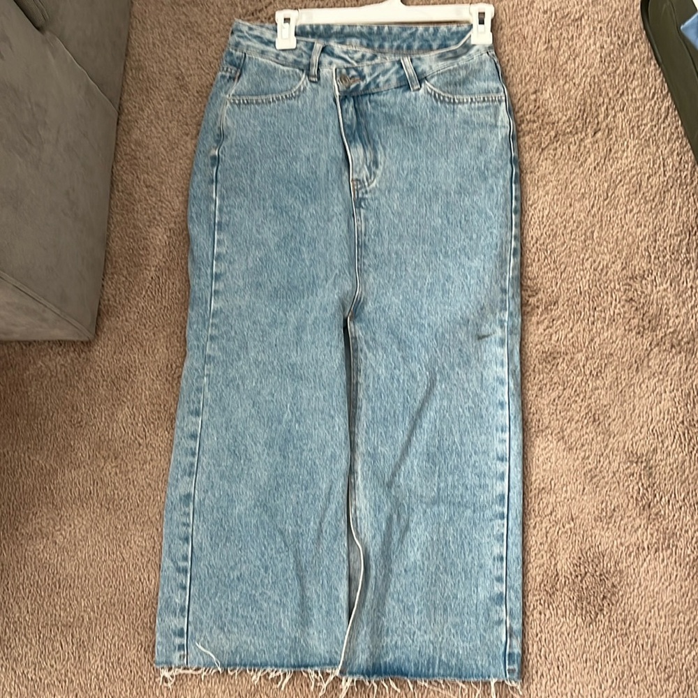 Long denim skirt with front slip